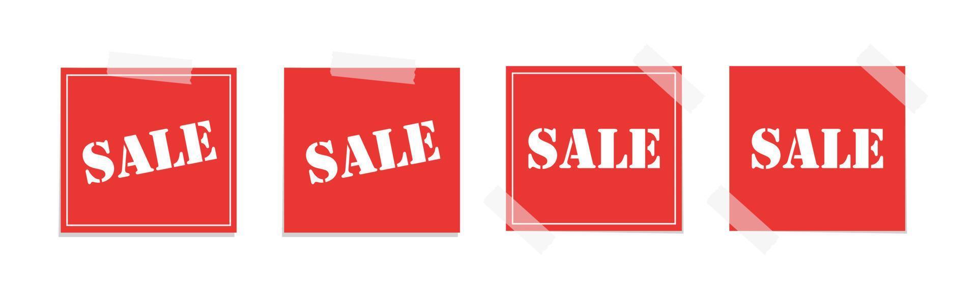 Red sale tags vector illustration set. Taped square sale paper note memo. Price and discount label stickers.