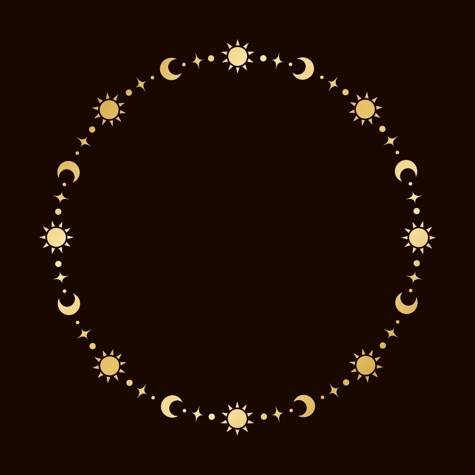 Mystic celestial round golden frame with sun, stars, moon phases, crescents and copy space. Ornate magical background. vector