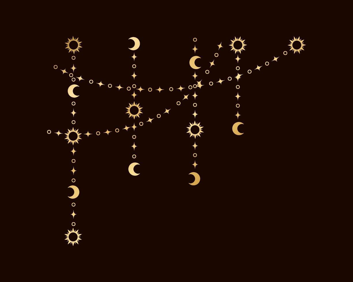Gold mystic celestial hanging garland frame corner with sun, stars, moon phases, crescents. Ornate bohemian magical curtain decorative element vector