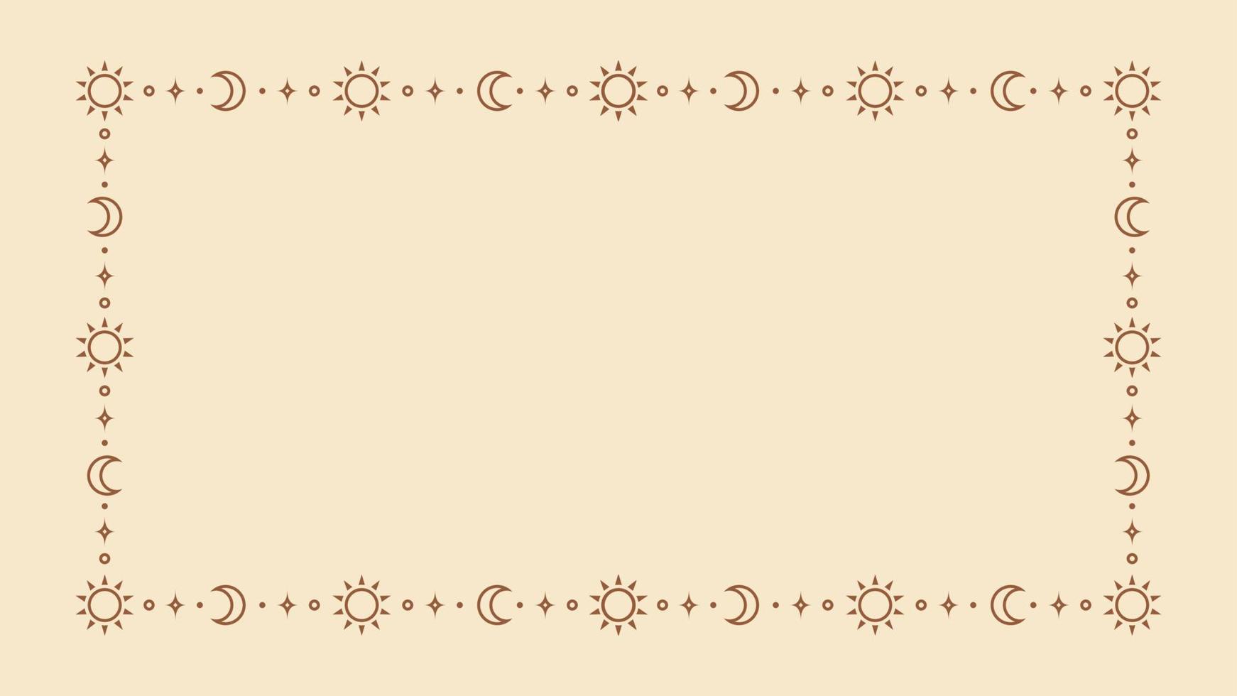 Mystic celestial frame with sun, stars, moon phases, crescents and copy space. Ornate bohemian magical background. vector