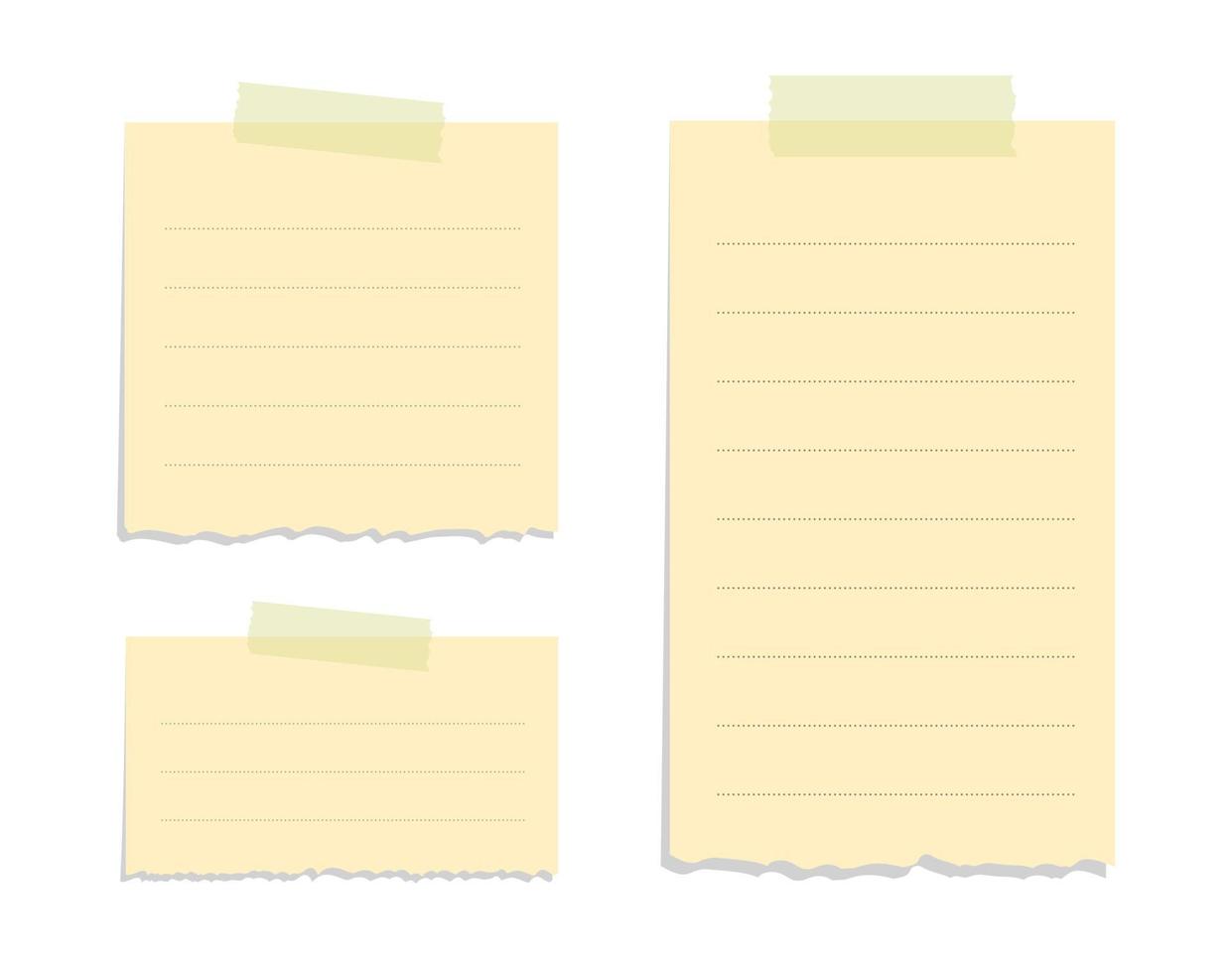 Torn yellow sticky note vector illustration set. Taped office memo paper mockup template.