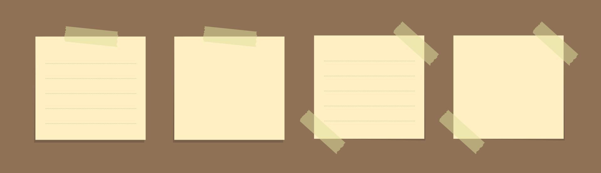 Yellow sticky note vector illustration set. Taped square office memo paper template mockup.
