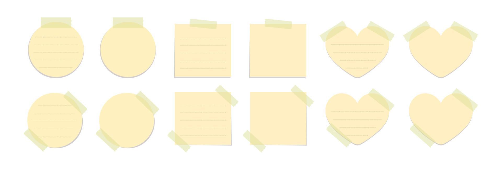 Yellow sticky note illustration set. Taped office memo paper template mockup. vector