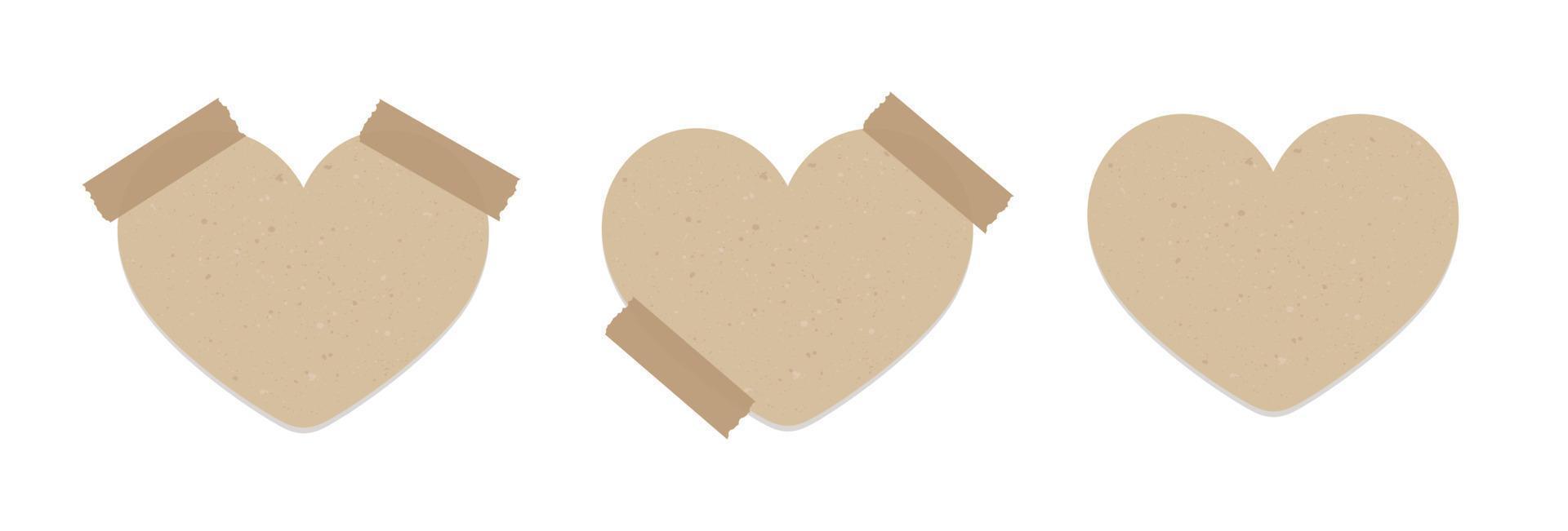 Vintage heart shape brown paper note set. Valentines day theme memo paper with adhesive tape. vector