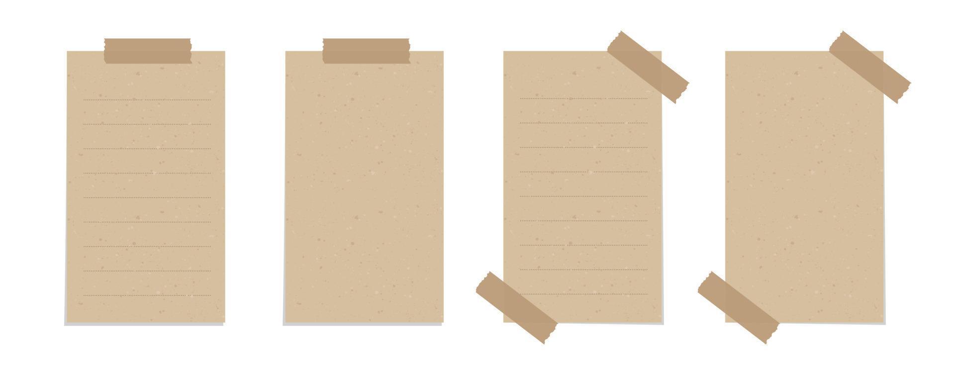 Taped vintage brown torn paper illustration template set. Recycled memo note paper with adhesive tape. vector