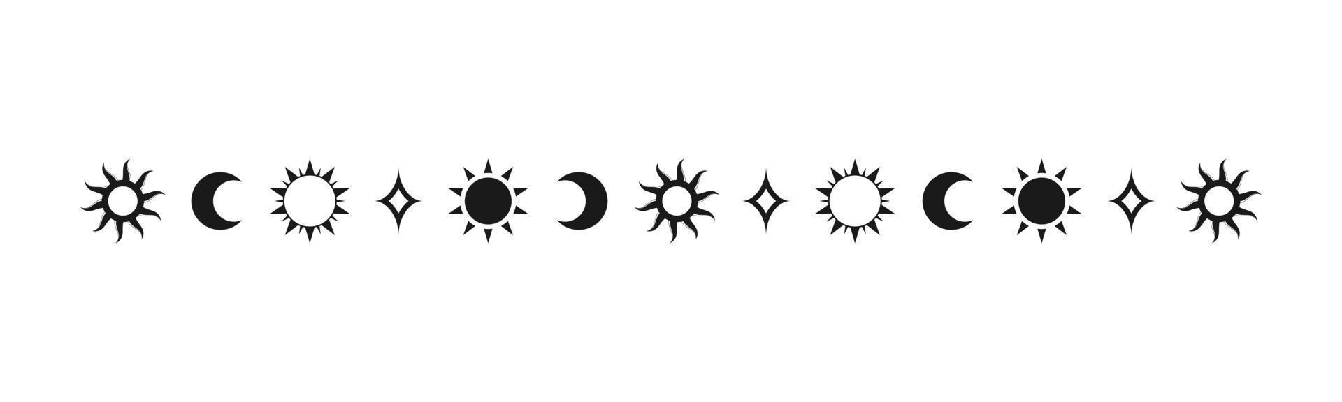 Celestial mystic separator with sun, stars, moon phases, crescents. Ornate boho magical divider decorative element vector