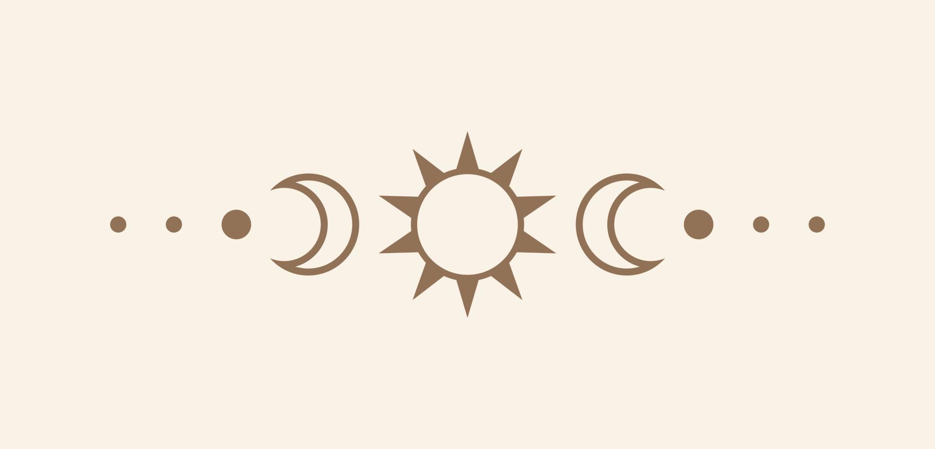 Celestial text divider with sun, stars, moon phases, crescents. Ornate boho mystic separator decorative element vector