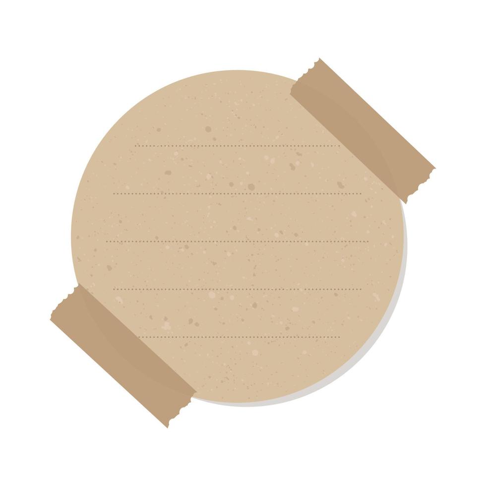 Round vintage brown paper note. Recycled memo paper with adhesive tape. vector