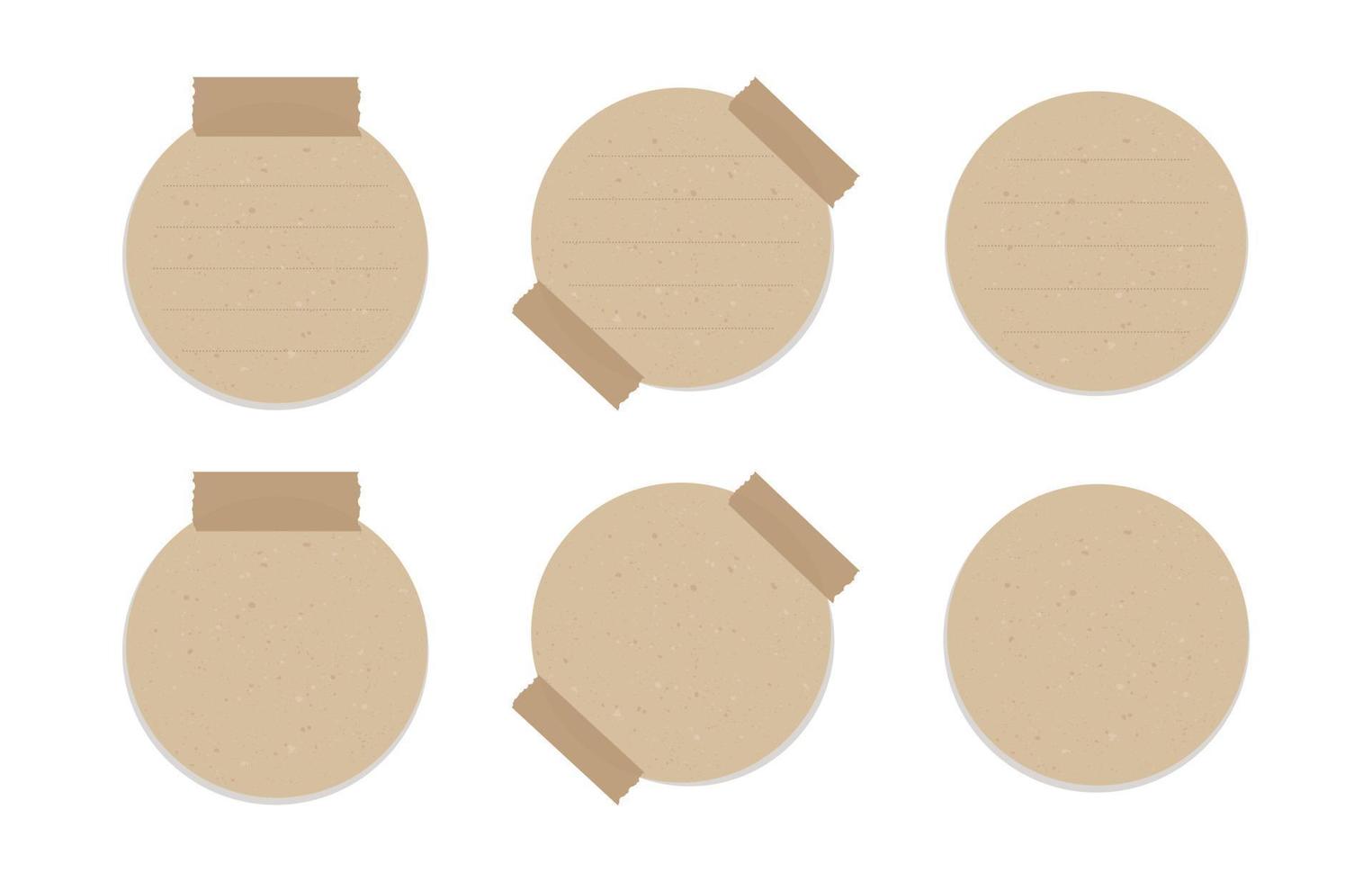 Round vintage brown paper note set. Recycled memo paper with adhesive tape. vector