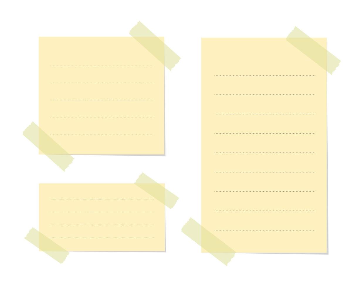 Yellow sticky note illustration set. Taped office memo paper template mockup. vector