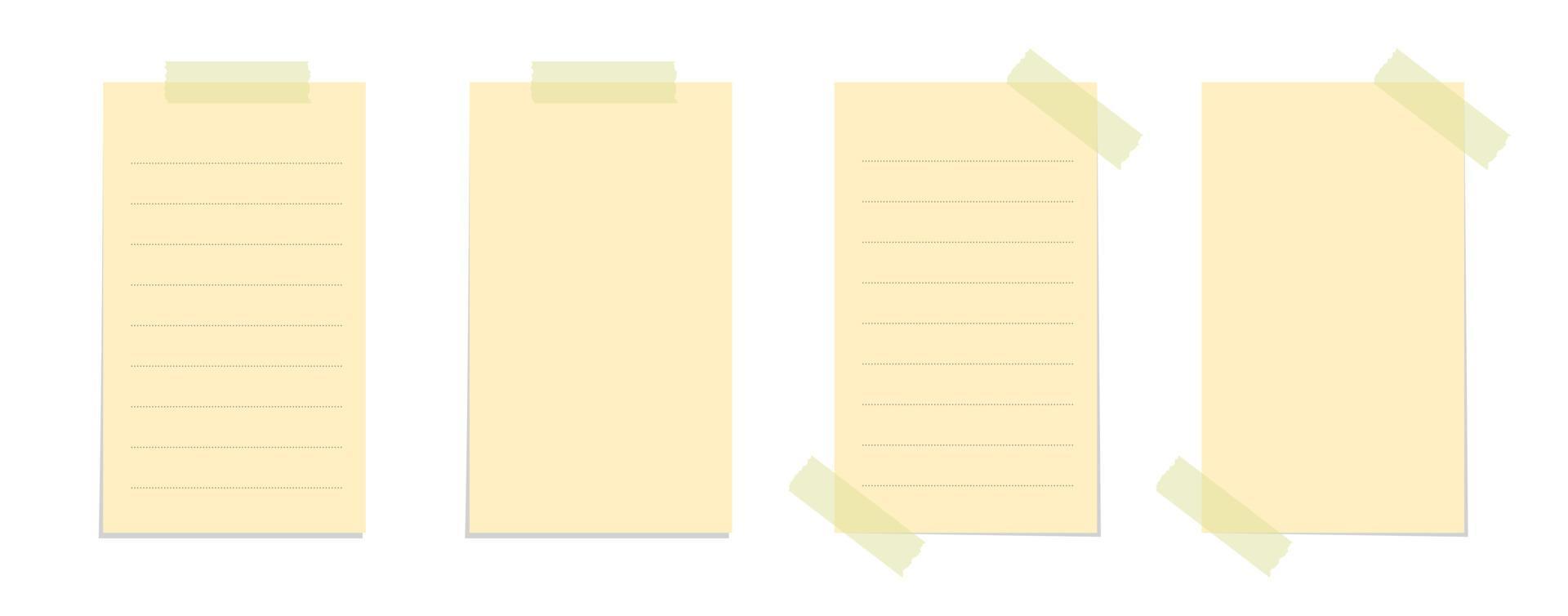 Yellow sticky note vector illustration set. Taped vertical page office memo paper template mockup.