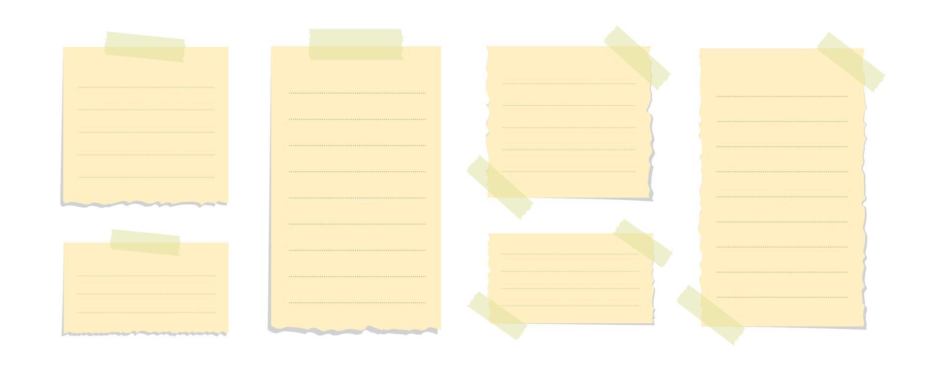 Torn yellow sticky note vector illustration set. Taped office memo paper mockup template.