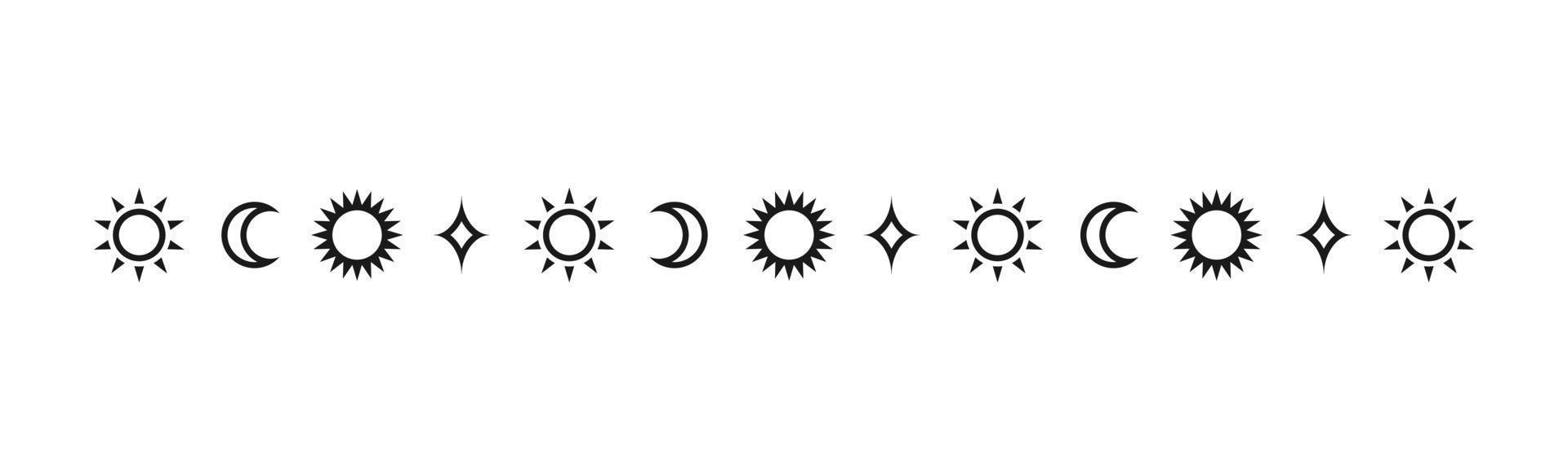 Celestial mystic separator with sun, stars, moon phases, crescents. Ornate boho magical divider decorative element vector