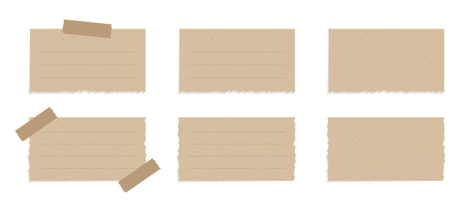 Vintage brown torn paper note set. Recycled memo paper with adhesive tape vector illustration.