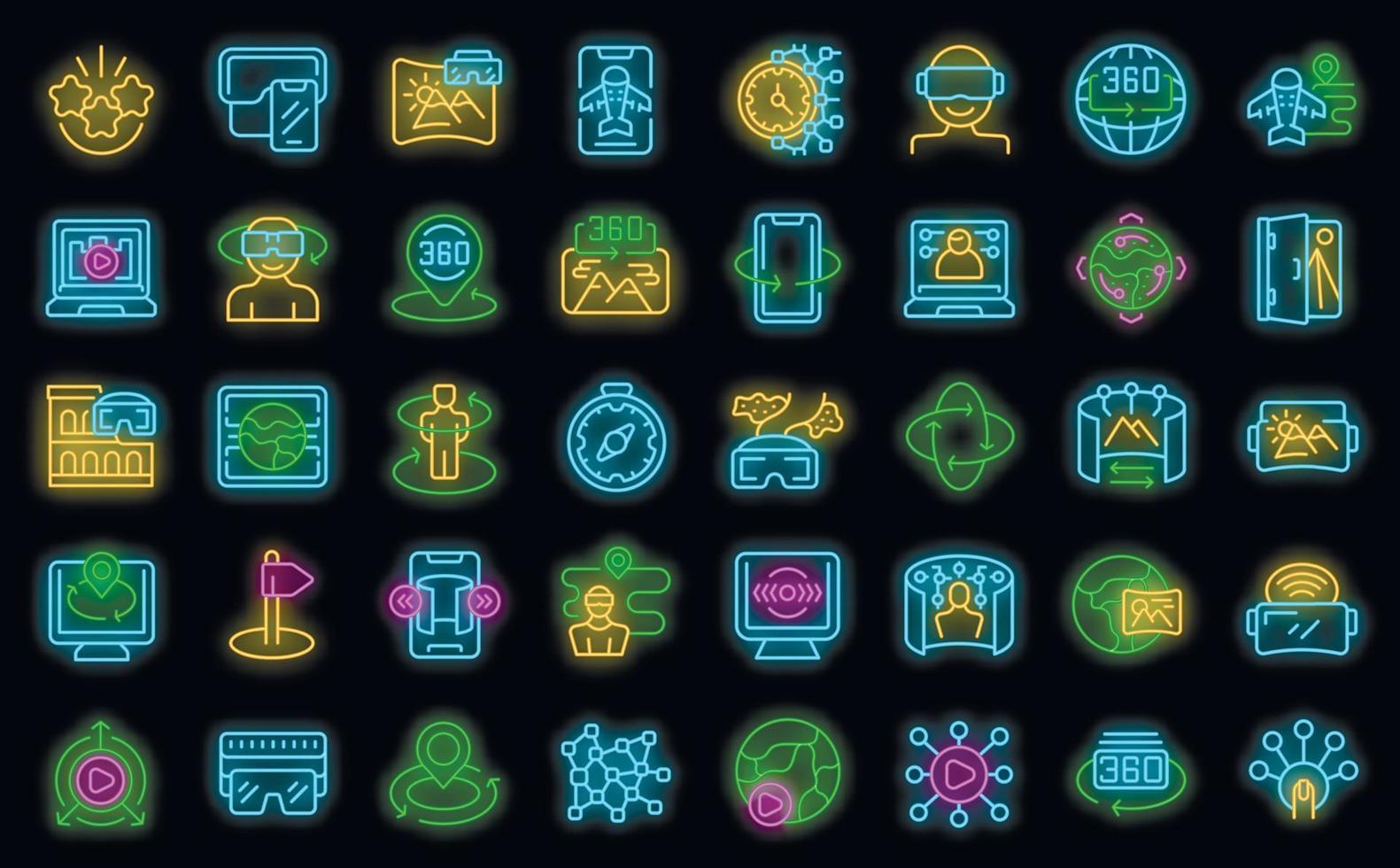 Virtual travel icons set vector neon