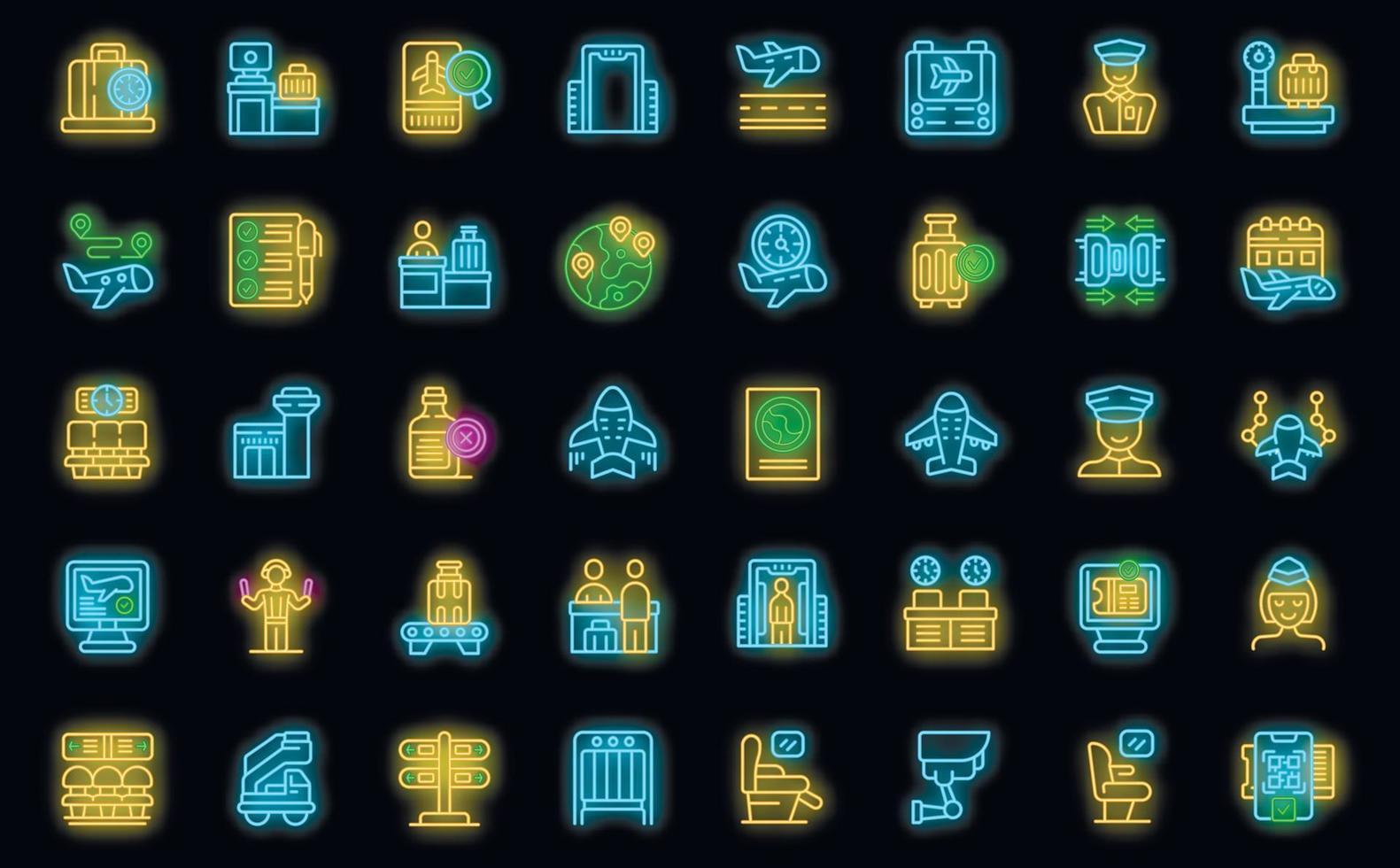 Check in airport icons set vector neon
