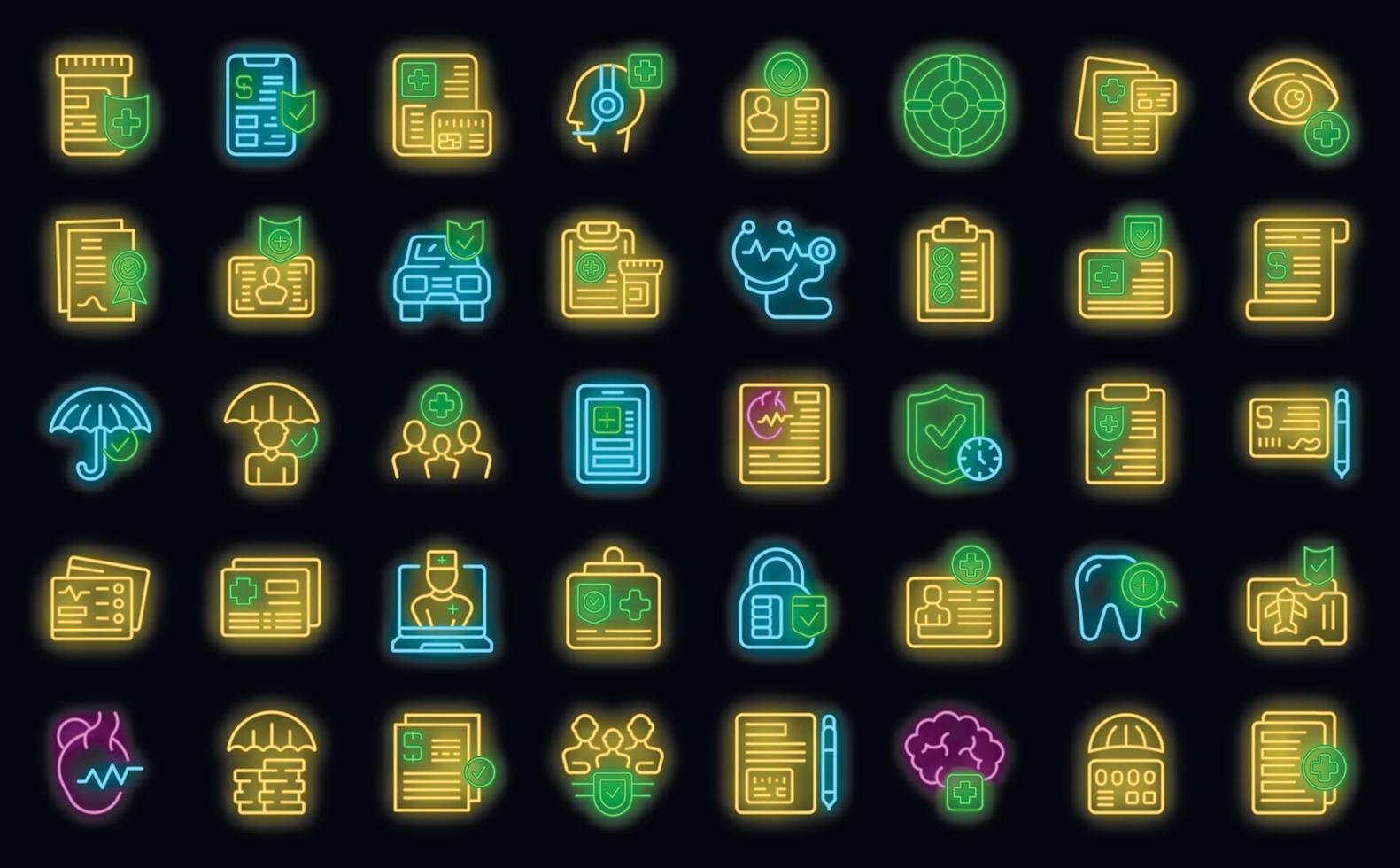 Insurance card icons set vector neon