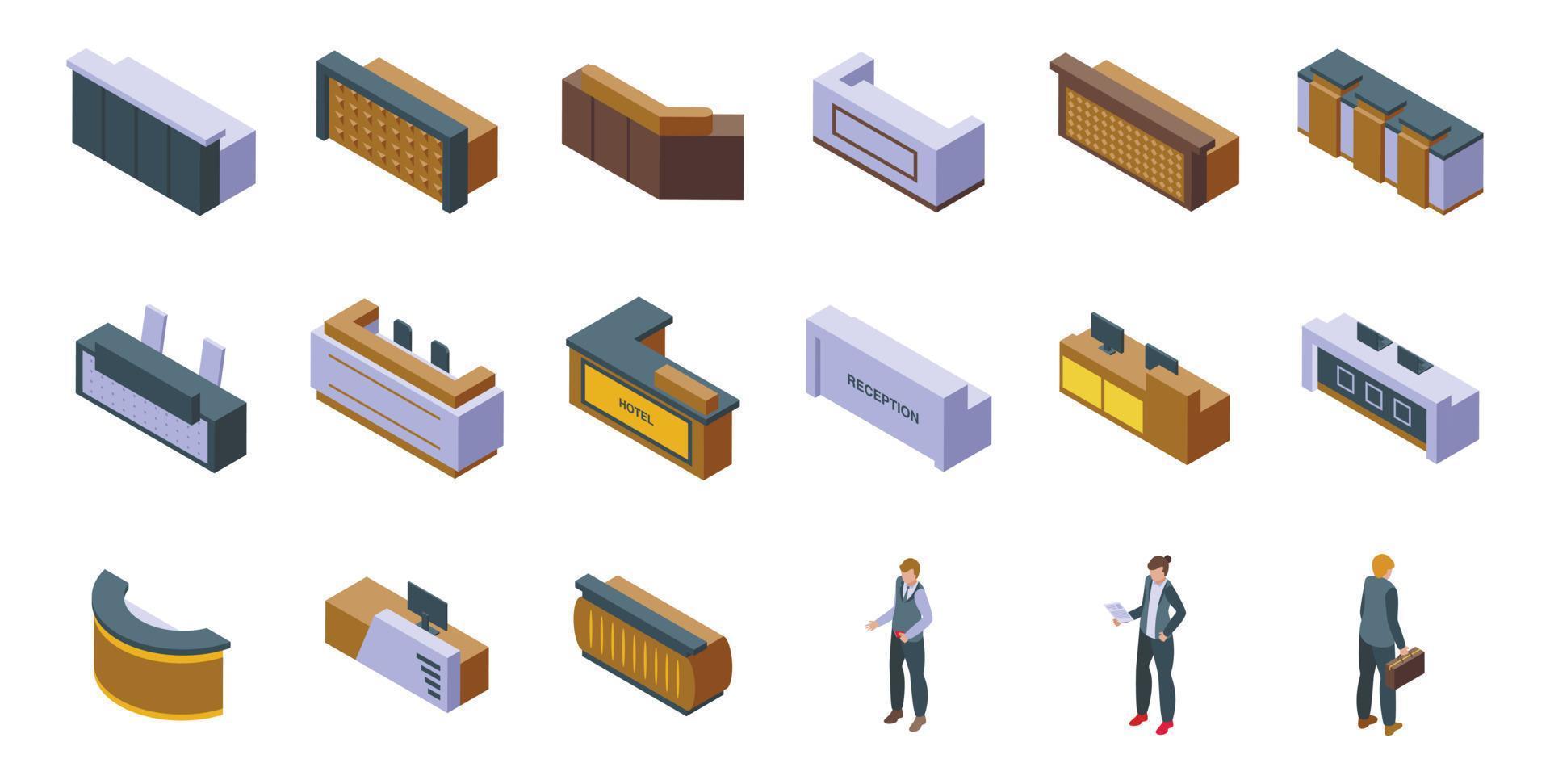 Hotel reception icons set isometric vector. Desk lobby vector