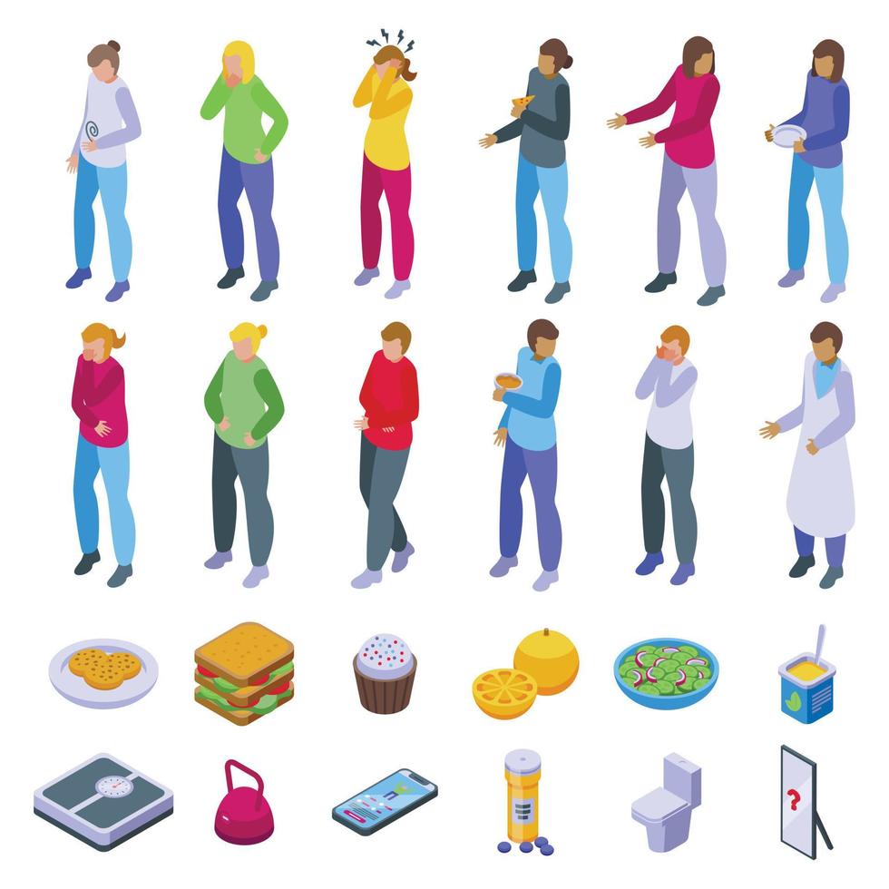 Bulimia icons set isometric vector. Fat weight vector