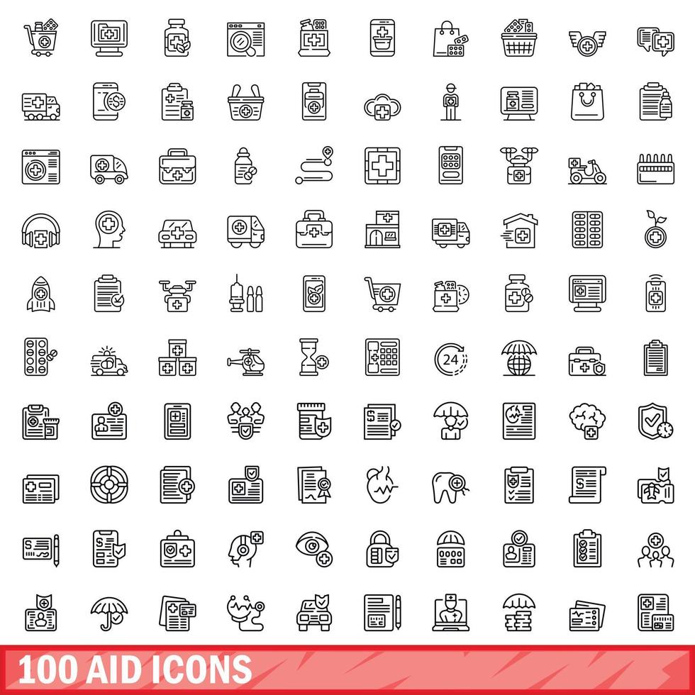 100 aid icons set, outline style vector