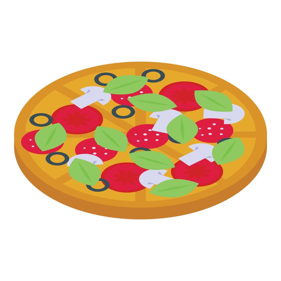 Pizza con albahaca icono isométrica vector. Fresco hierba vector