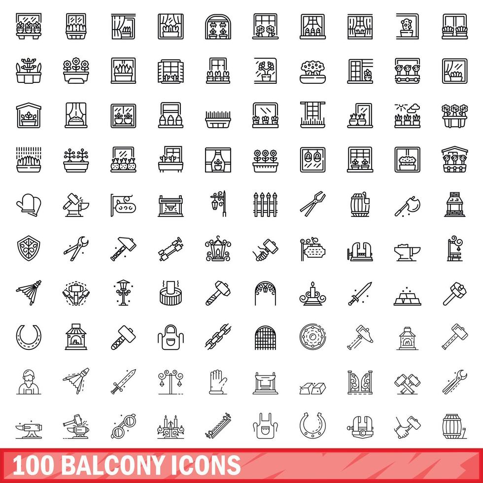 100 balcony icons set, outline style vector