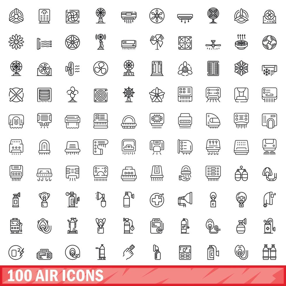 100 air icons set, outline style vector