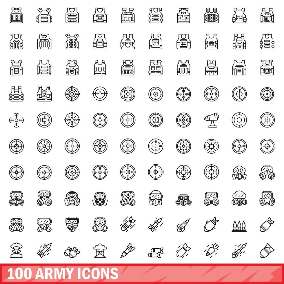 100 iconos del ejército, estilo de esquema vector
