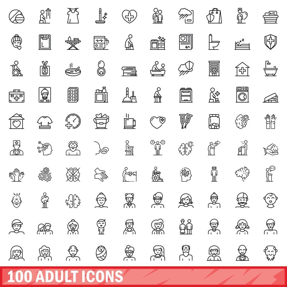 100 adult icons set, outline style vector