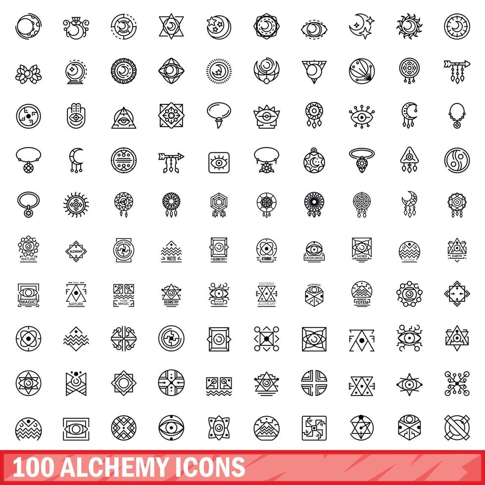 100 alchemy icons set, outline style vector