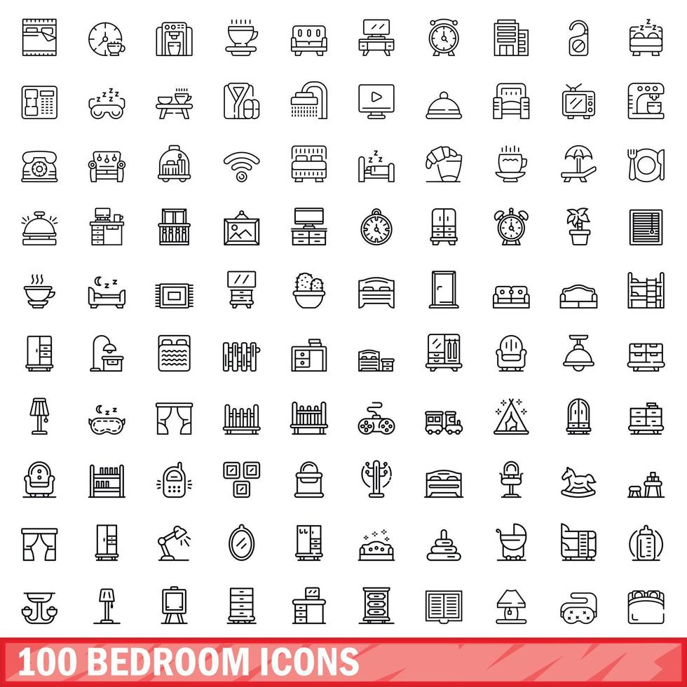 100 bedroom icons set, outline style vector