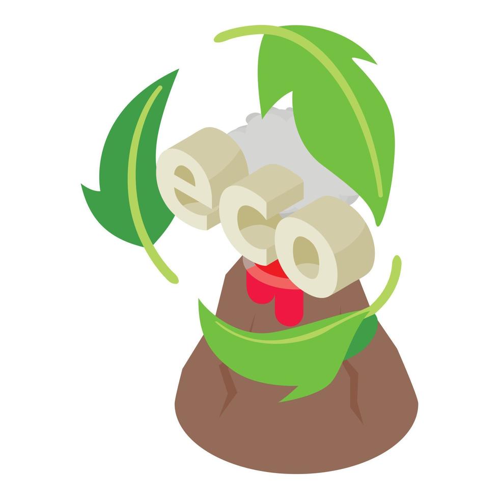 Active volcano icon isometric vector. Inscription eco in leaf cycle over volcano vector