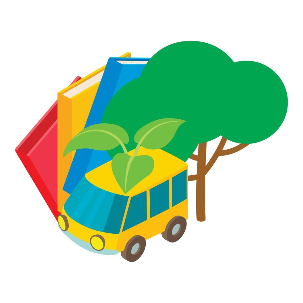 Eco concept icon isometric vector. Yellow eco car with green leaf book and tree vector