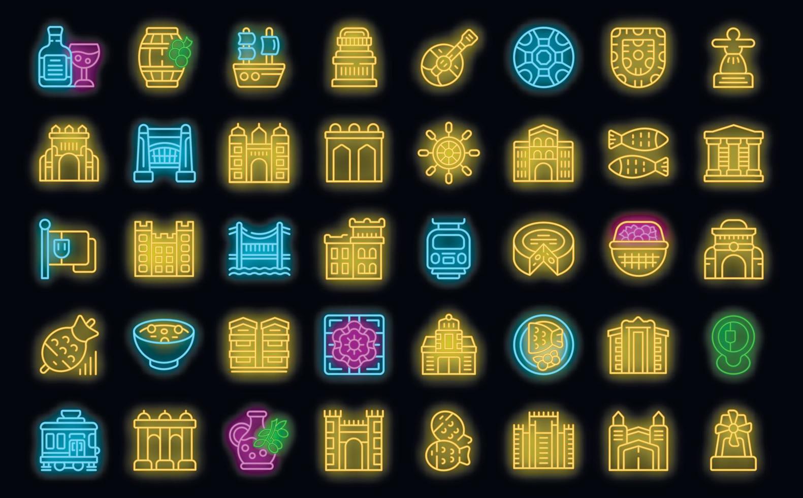 Lisbon icons set vector neon