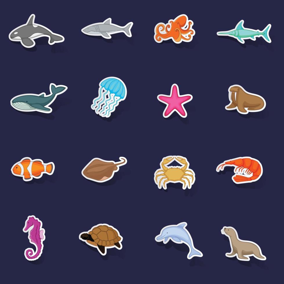 Ocean inhabitants icons set vector sticker