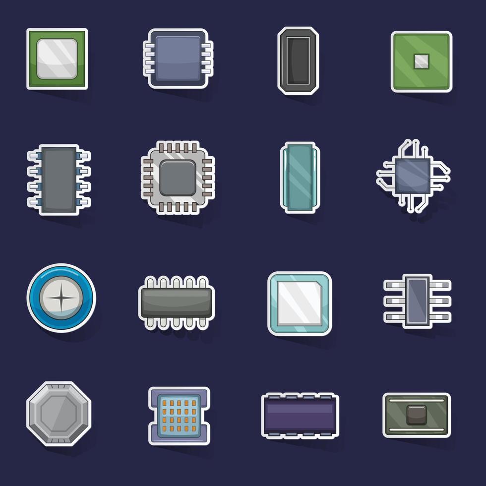 Computer chips icons set vector sticker