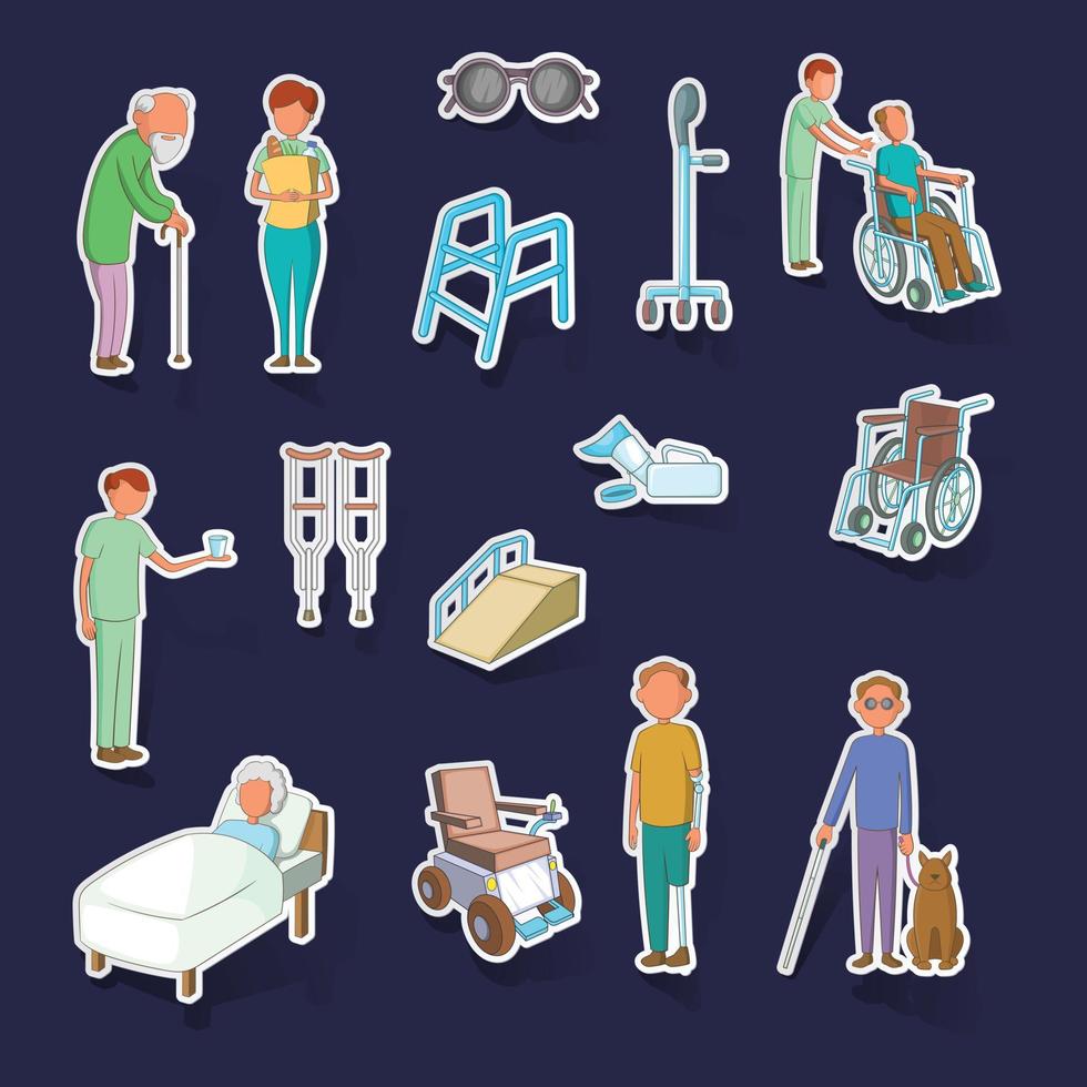 Disability people care icons set vector sticker