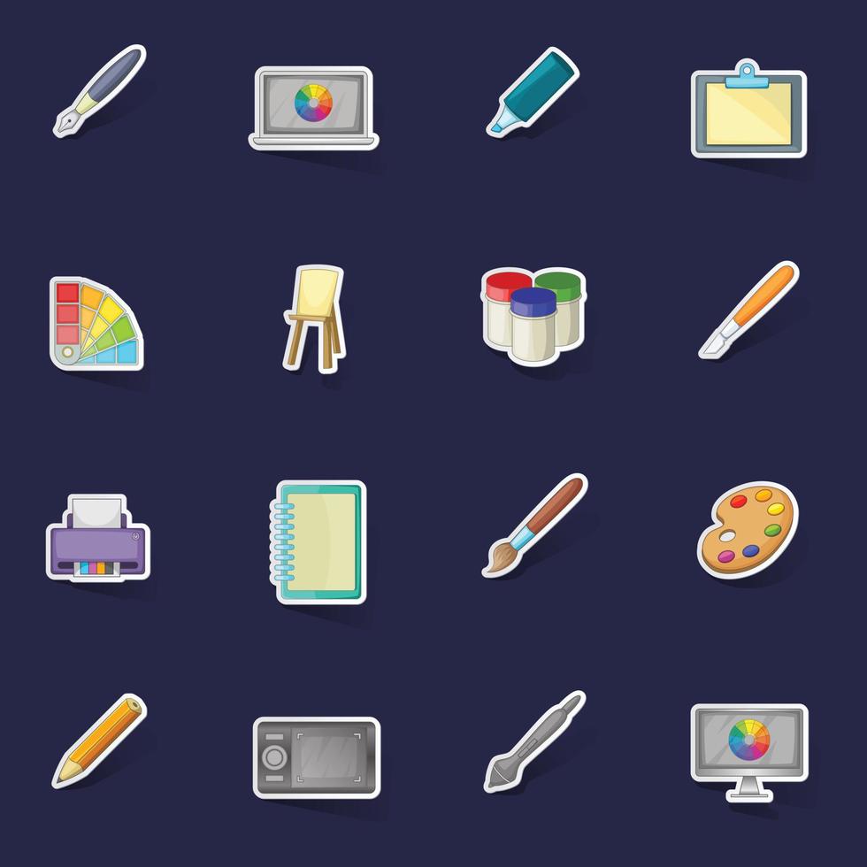 Drawing and painting tool icons set vector sticker