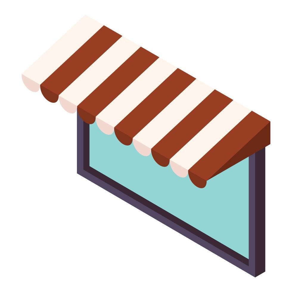 Shop window icon isometric vector. Large square window with striped canopy icon vector