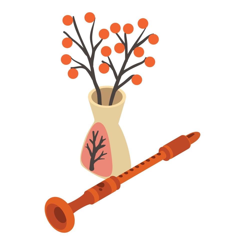 musical tubo icono isométrica vector. viento instrumento cerca florero con flor icono vector