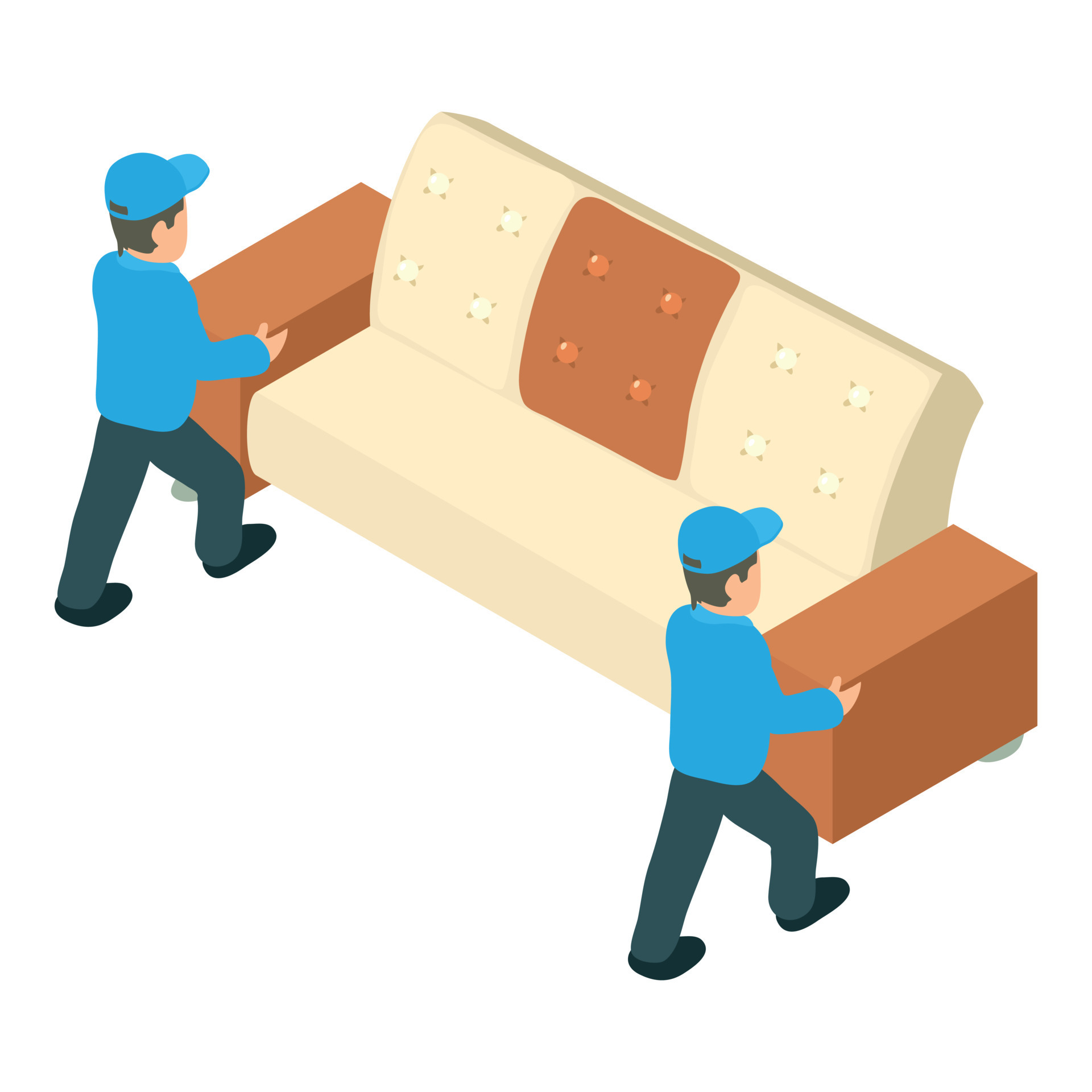 Sofa delivery icon isometric vector. Two delivery service worker carry
