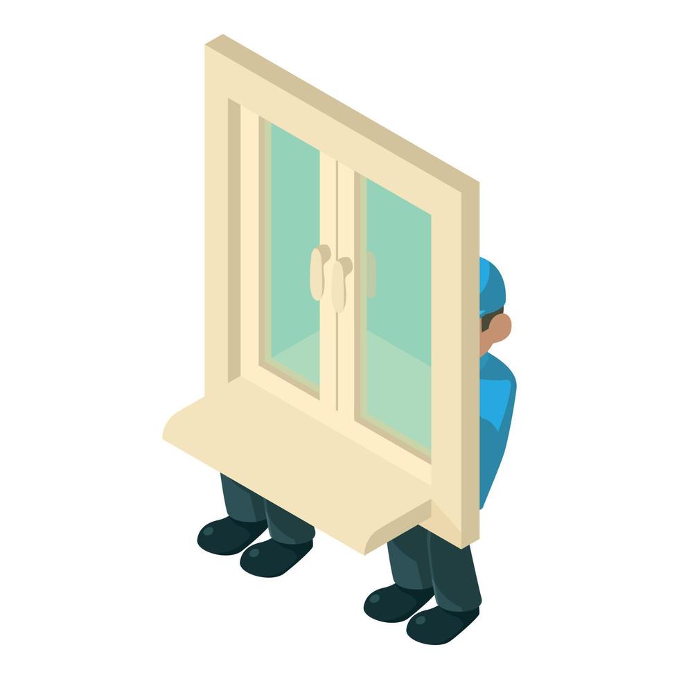 Window installation icon isometric vector. Worker carry window for installation vector