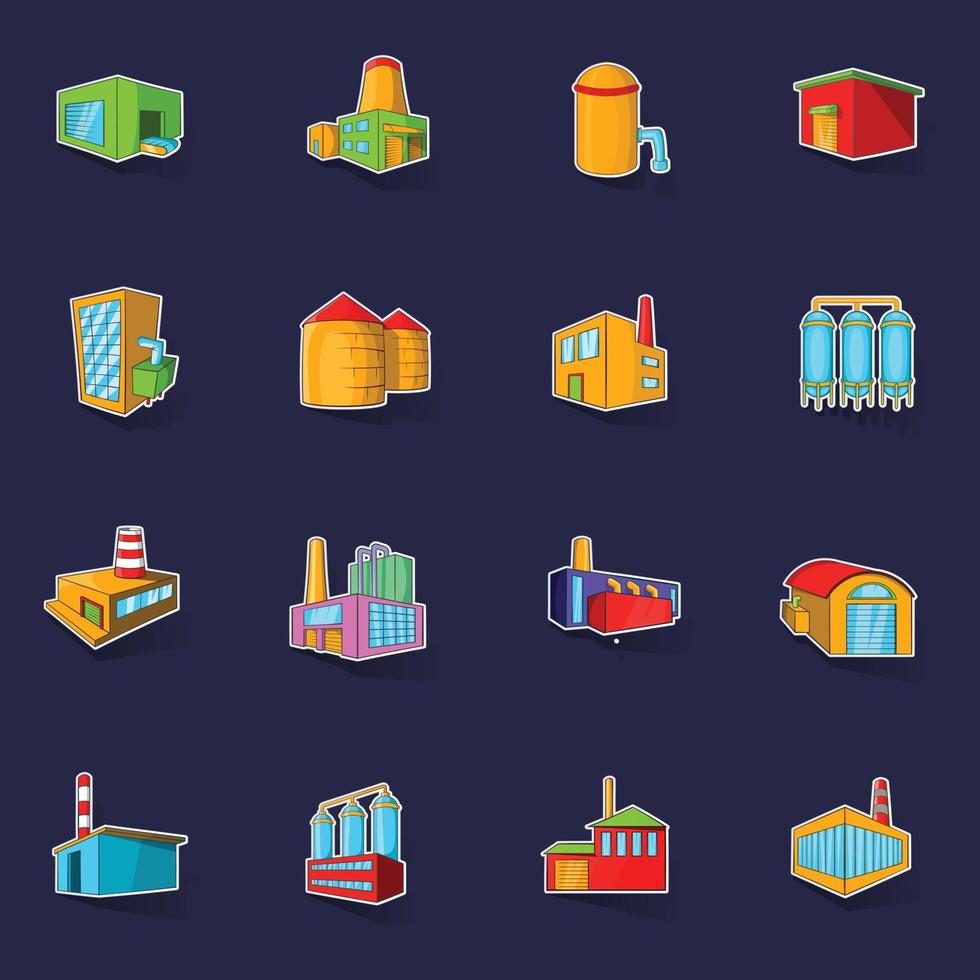 Industrial building plants and factories icons set vector sticker