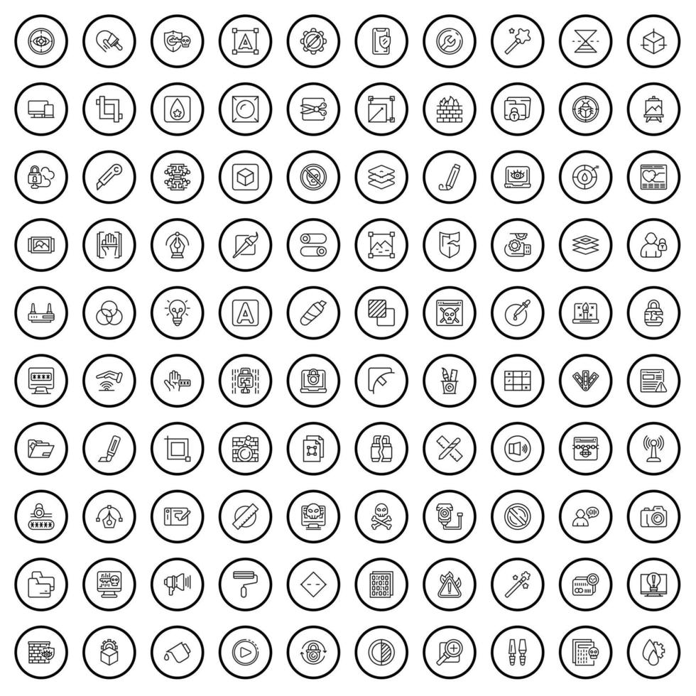 100 software icons set, outline style vector