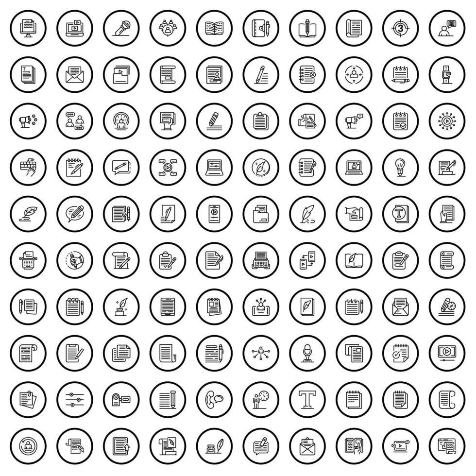 100 writer icons set, outline style vector