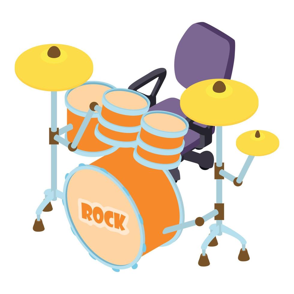Rock drum icon isometric vector. Percussion musical instrument near office chair vector