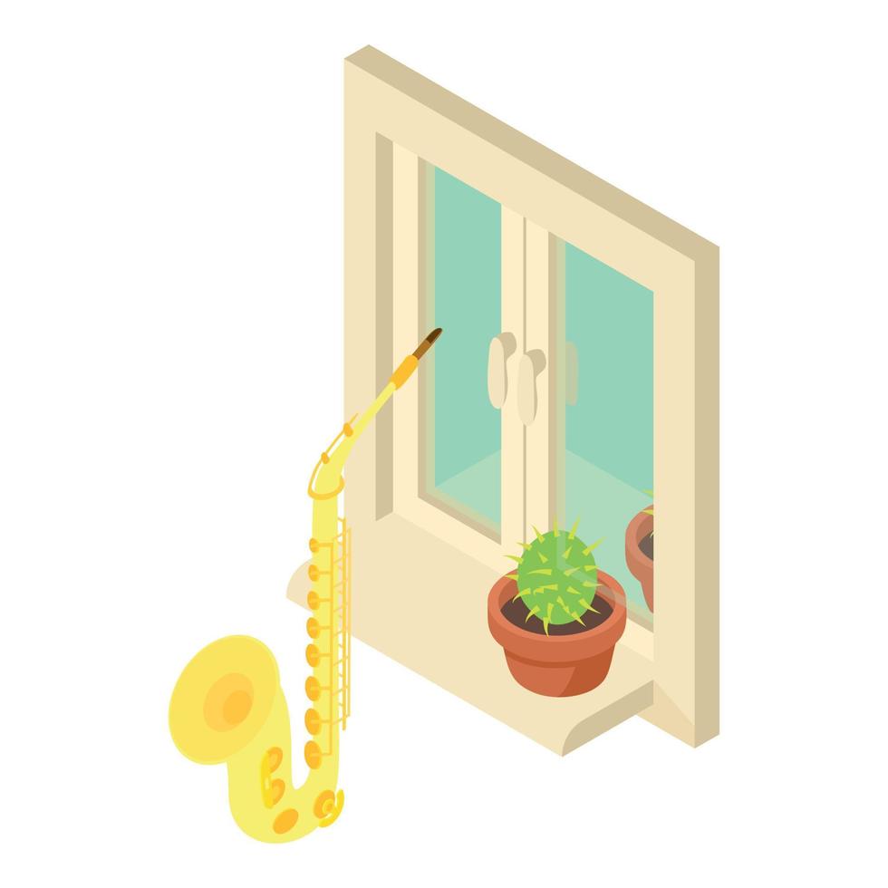Saxophone icon isometric vector. Wind musical instrument near window with flower vector