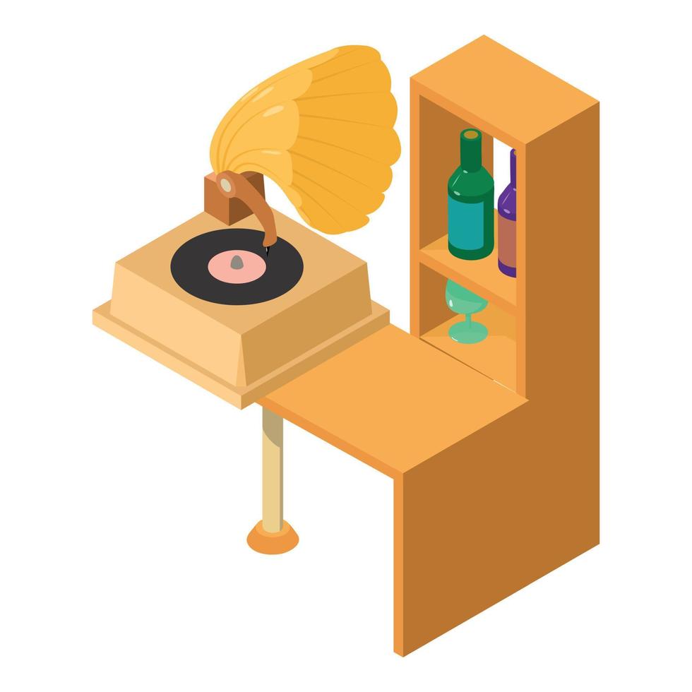 retro gramófono icono isométrica vector. Clásico música gramófono en de madera mesa vector