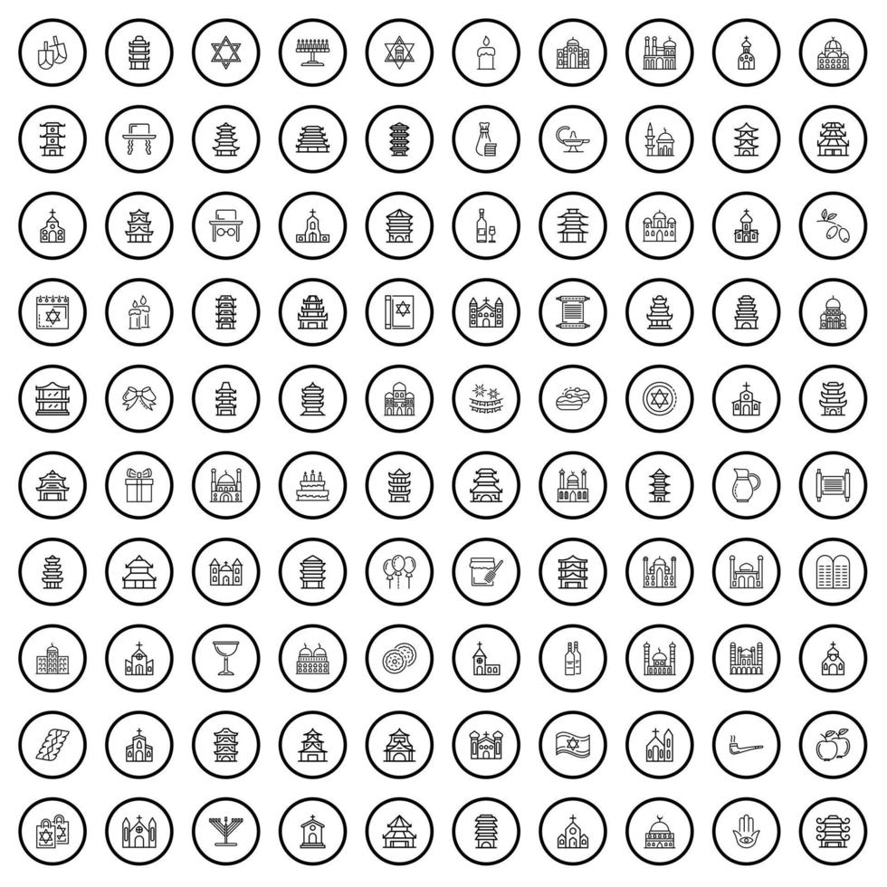 100 iconos de religión, estilo de esquema vector