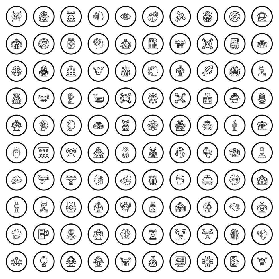 100 robot icons set, outline style vector